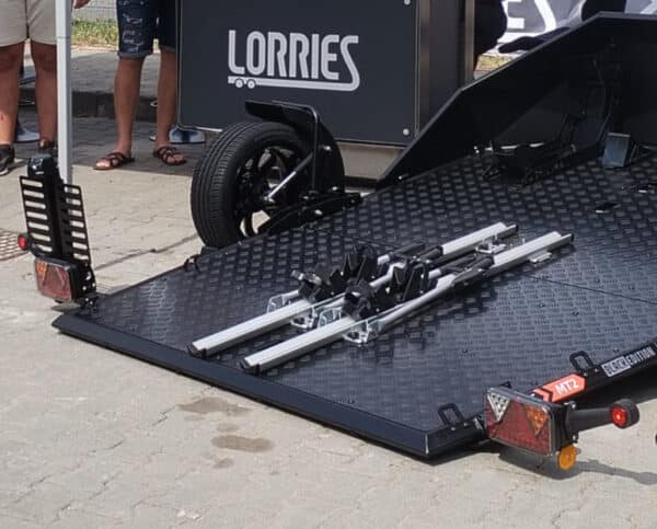 Lorries MT2, BLACK EDITION motorcycle trailer for 2 motorcycles, LED, half-fold system, 750kg/585kg, 1 axle unbraked, aluminum rims