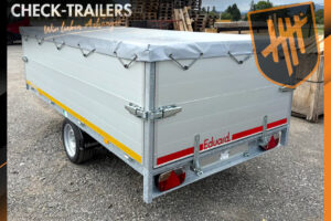 Used Eduard flatbed trailer, 310x160 cm, 1800 kg, ramps, flat tarpaulin, aluminum box, extension sideboards